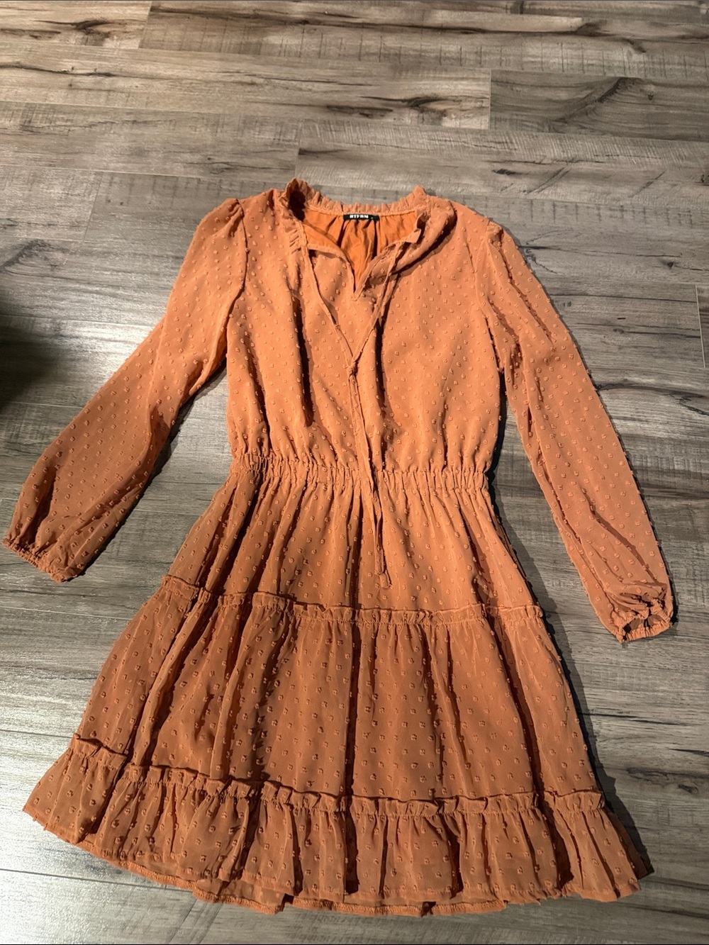 Long Sleeve Tiered Rust Orange Dress with Smocked Waist